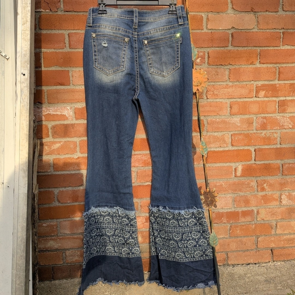Miss Me Blue Flare Jeans with Patterned Hem - Picture 2 of 7